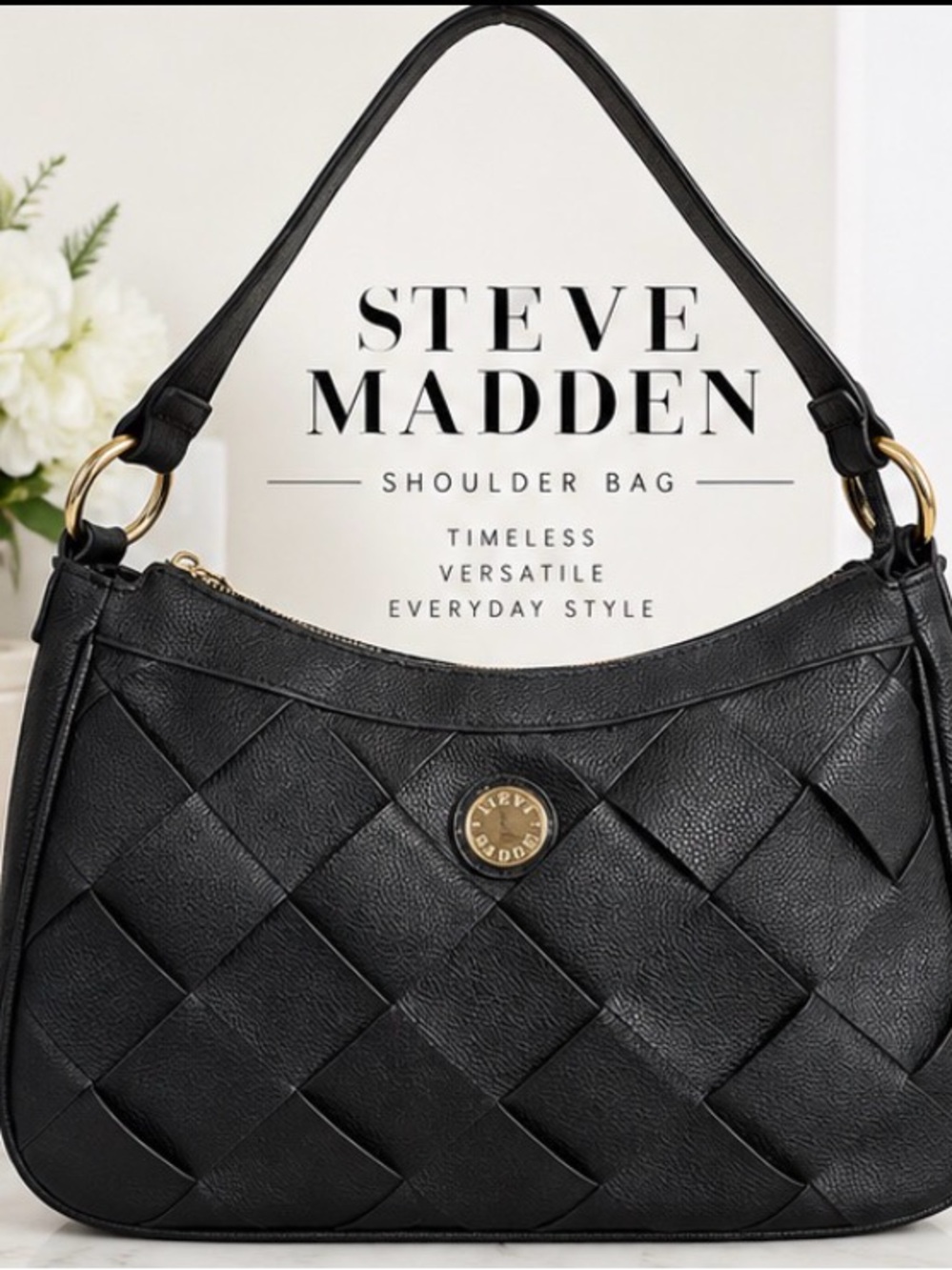 Steve Madden Black Woven Shoulder Bag – Gold Hardware NWOT